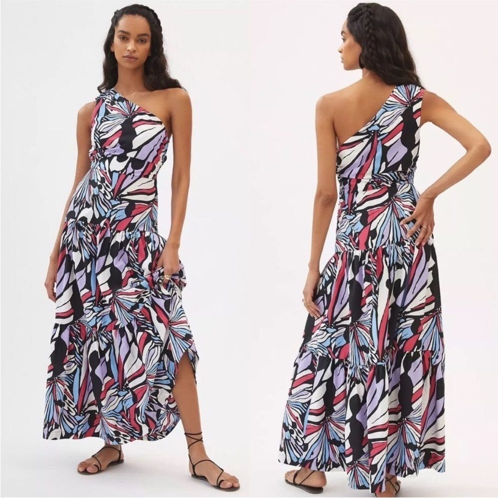 NWT Anthropologie Maeve One Shoulder Multicolor midi ruffled Dress cotton 12